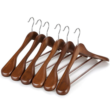 Wide Shoulder Wooden Hangers, Suit Hangers with Non Slip Pants Bar & 360° Swivel Hook, Solid Wood Heavy Duty Coat