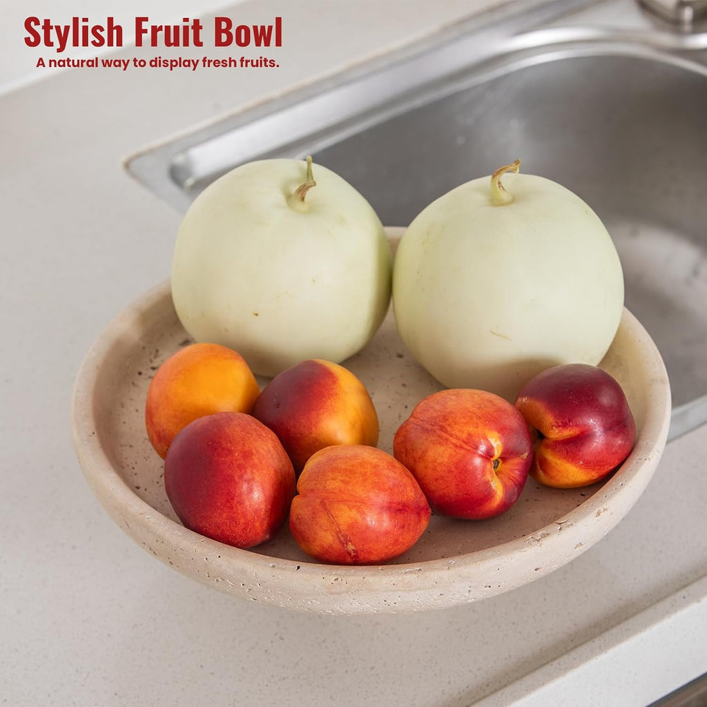 Natural Travertine Fruit Bowl Counter 10.2",Large Decorative Bowl & Travertine Bowl Pedestal Counter & Dining Table