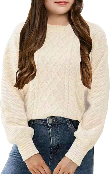 Girl's Sweater Cable Knit Long Sleeves Crew Neck Soft Casual Pullover Sweaters