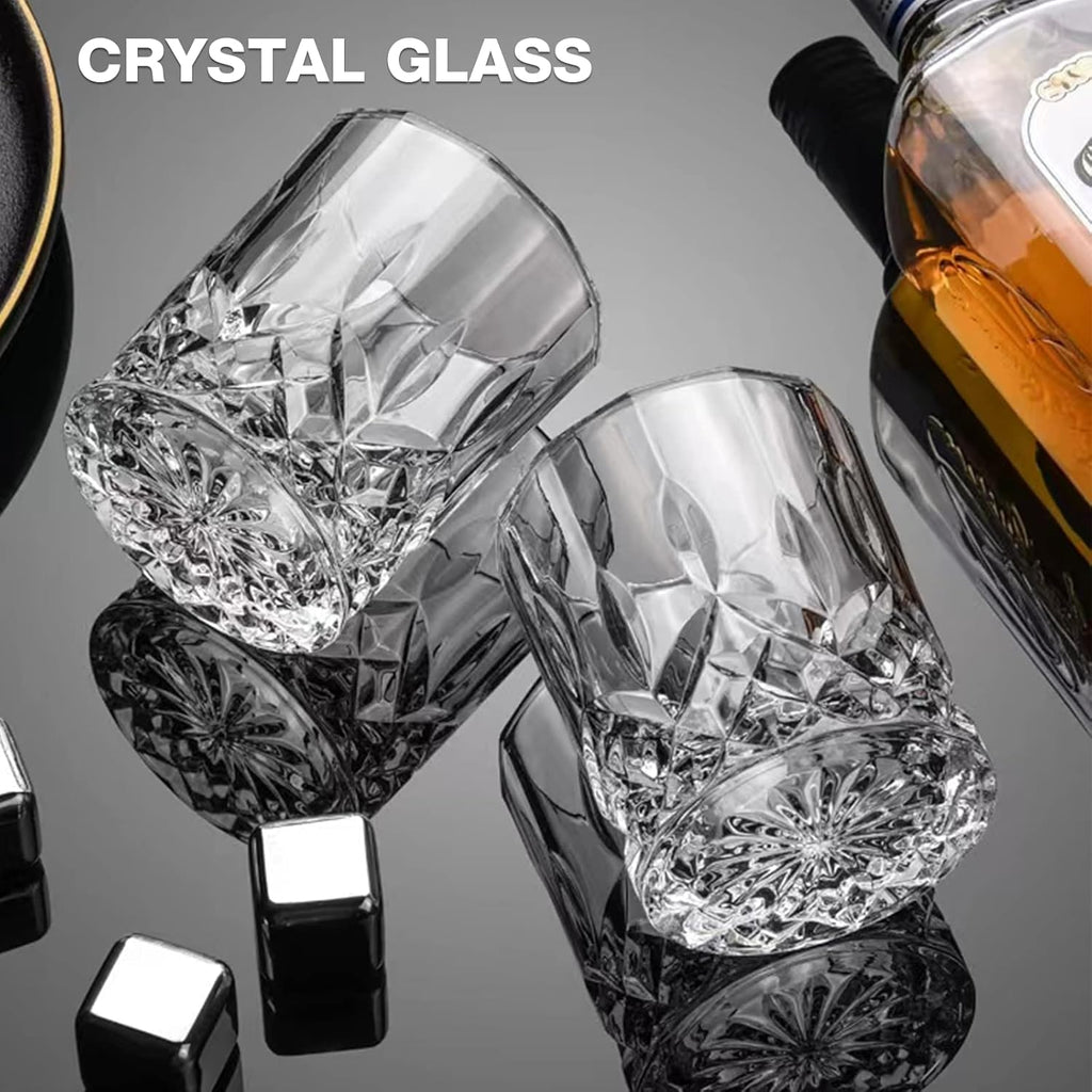 Old Fashioned Whiskey Glasses, Set of 4 (2 Crystal Bourbon Glasses, 2 Round Big Ice Ball Molds) In Gift Box - 11 Oz