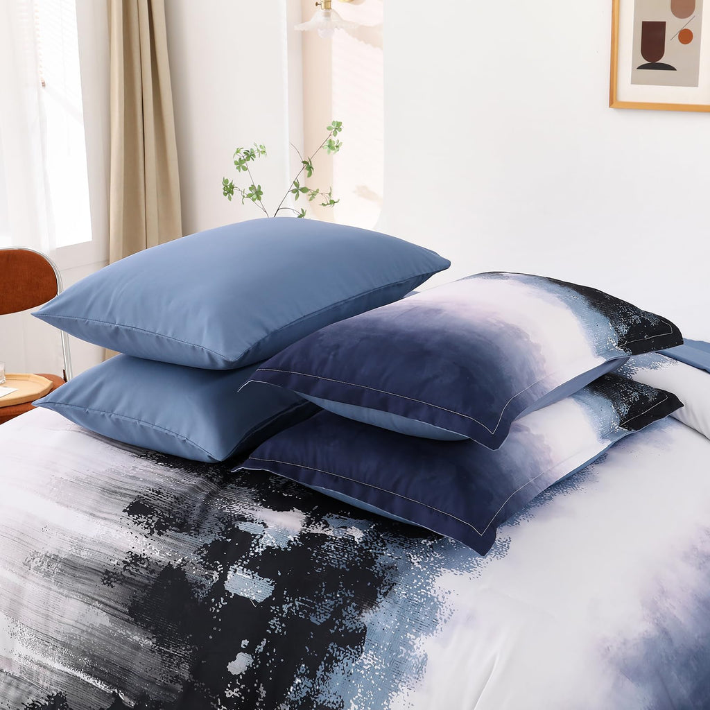 Ombre Blue Comforter Set Queen Size Gradient Navy Blue Black Boho Bedding Set for Teen Men Women 7 Pieces Bed in A