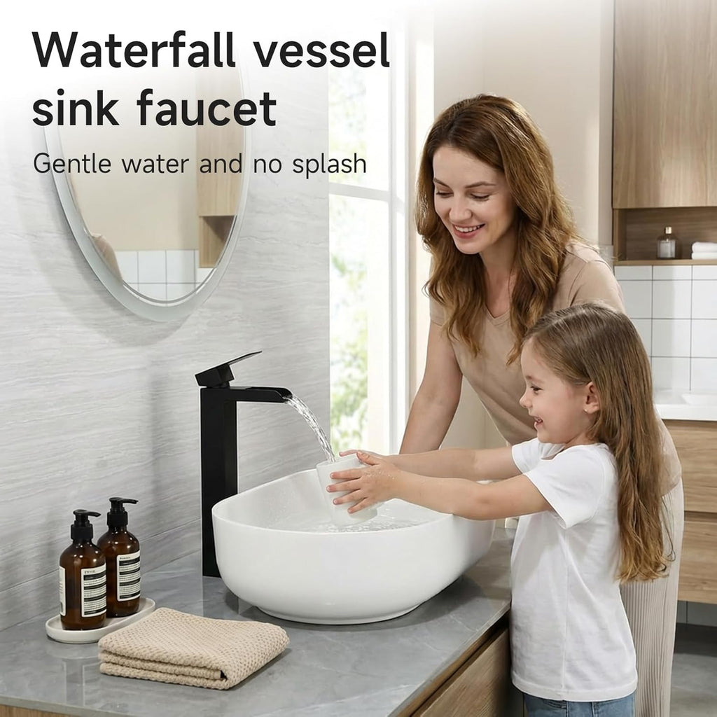 Black Tall Waterfall Bathroom Faucet, Single Hanlde Vessel Sink Faucet with Waterfall Spout