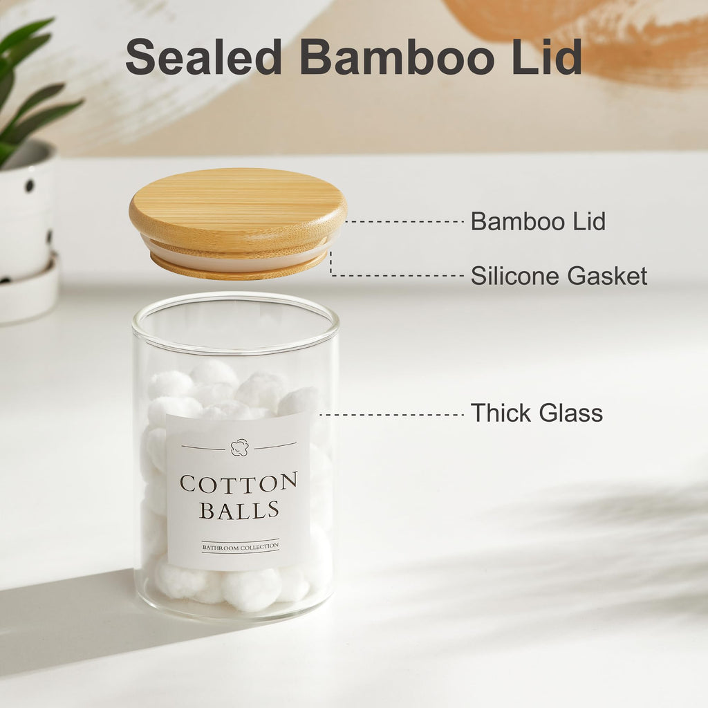 3 Pack Qtip Holder Dispenser - Glass Apothecary Jars with Lids, Cotton Ball Pad Swab Round Holder, Bamboo Bathroom