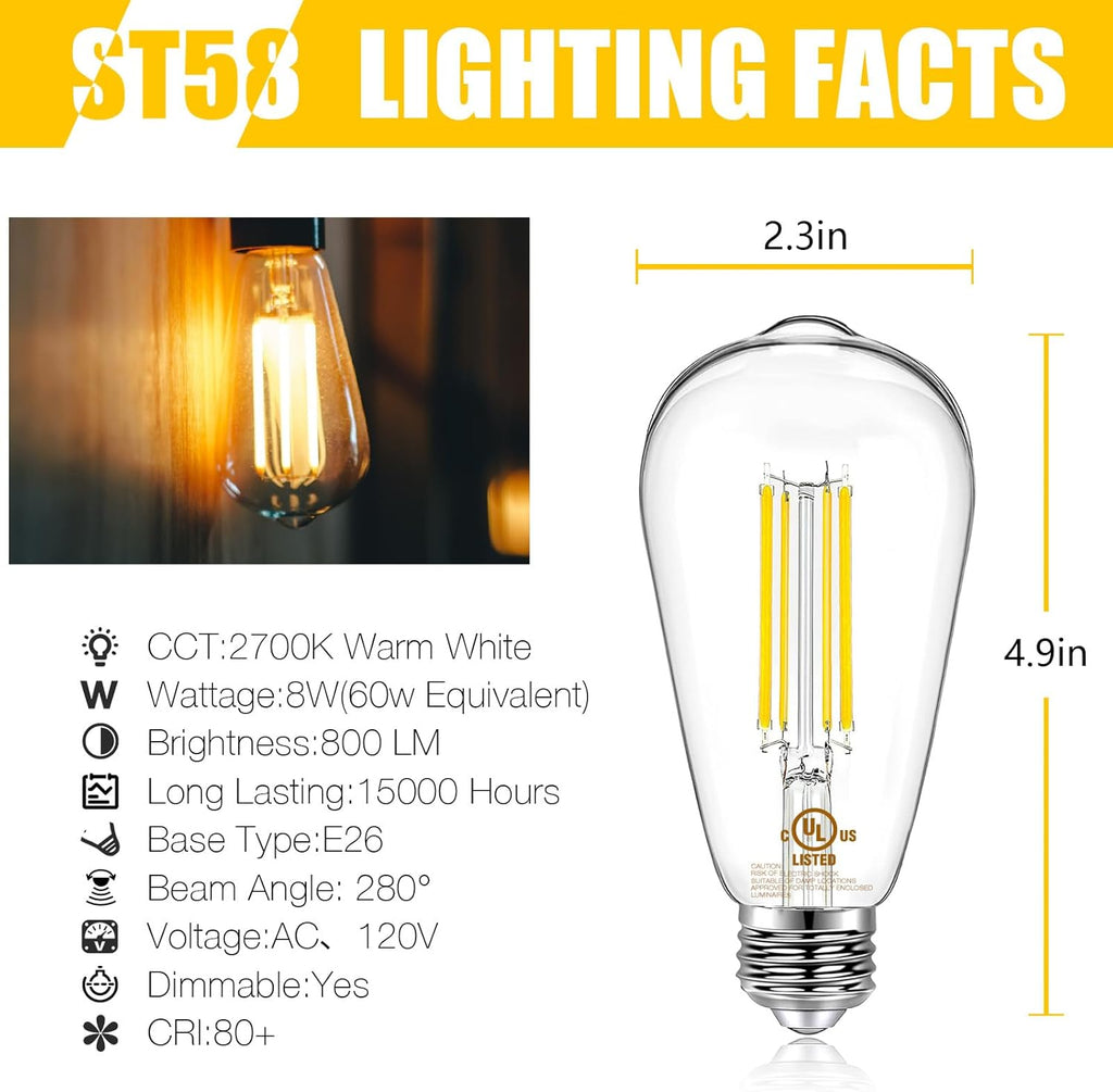 12 Pack Vintage LED Edison Bulbs, E26 Dimmable LED Bulb, 60 watt Equivalent, ST58 Antique Filament Light Bulbs with Warm White 2700K, Brightness 8W, 800LM, 80+ CRI