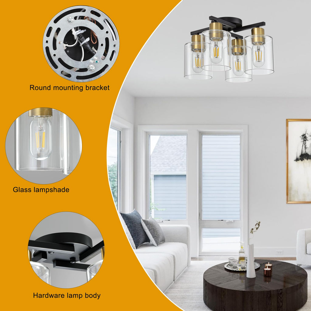 4-Light Semi Flush Mount Ceiling Light, Black and Gold Kitchen Lighting Fixtures Ceiling, Farmhouse Ceiling Light