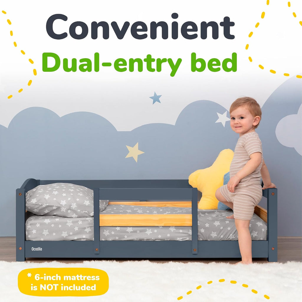 Toddler Bed with Rails | Low Montessori Floor Bed Frame for Kids | Standard Crib Size Wooden Frame for Independent