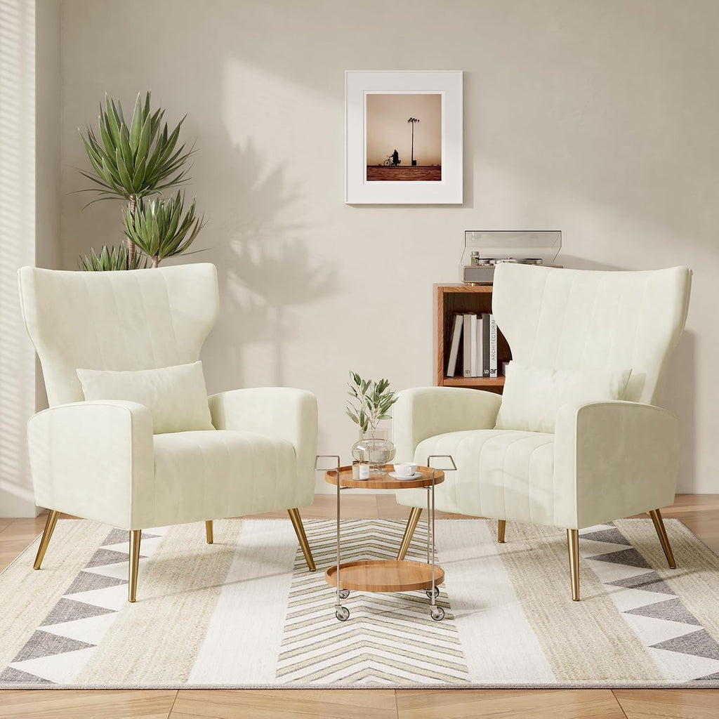 Velvet Accent Chair Wingback , High Back Arm Chair with Golden Legs Lumbar Pillow, Upholstered Single Sofa Bedroom