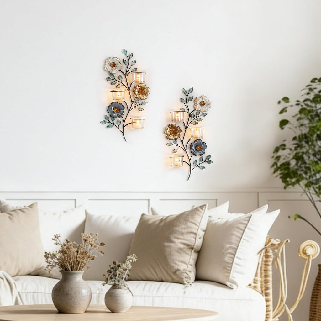 Candle Sconces Wall Decor: Wall Candle Holder with 6 Glass Cups for Tealight - Colorful Metal Flower and Leaf Sconces