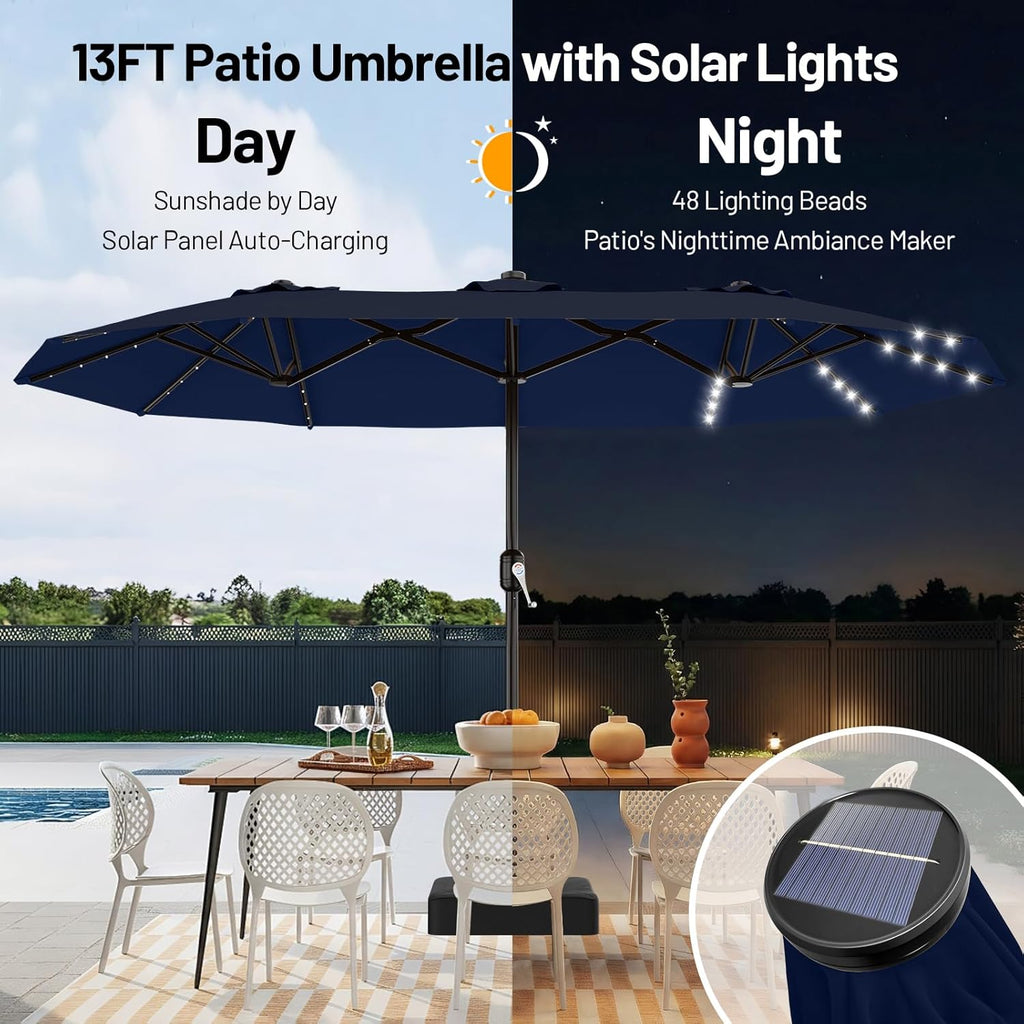 13 FT Patio Umbrella with Solar Lights, Double-Sided Outdoor Table Umbrellas with Crank