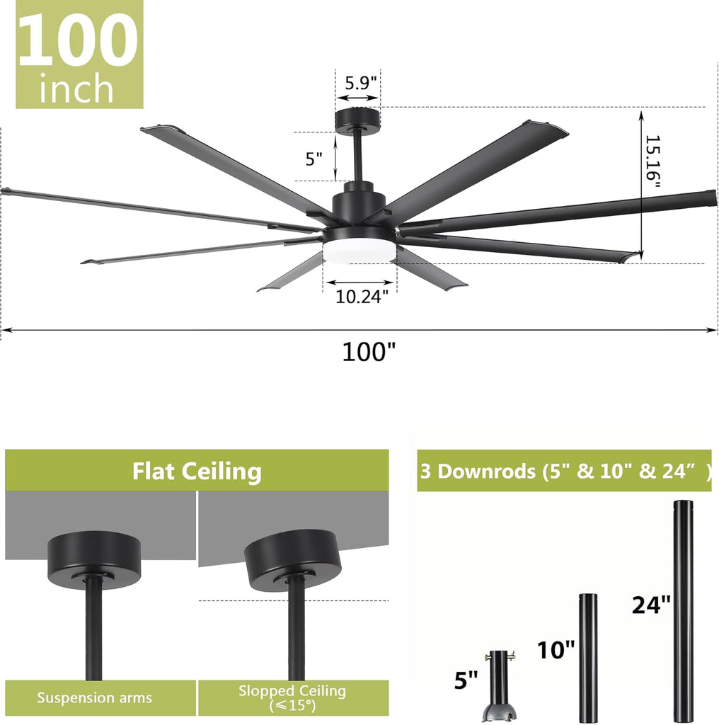 100" Ceiling Fan with LED Light and Remote - Black