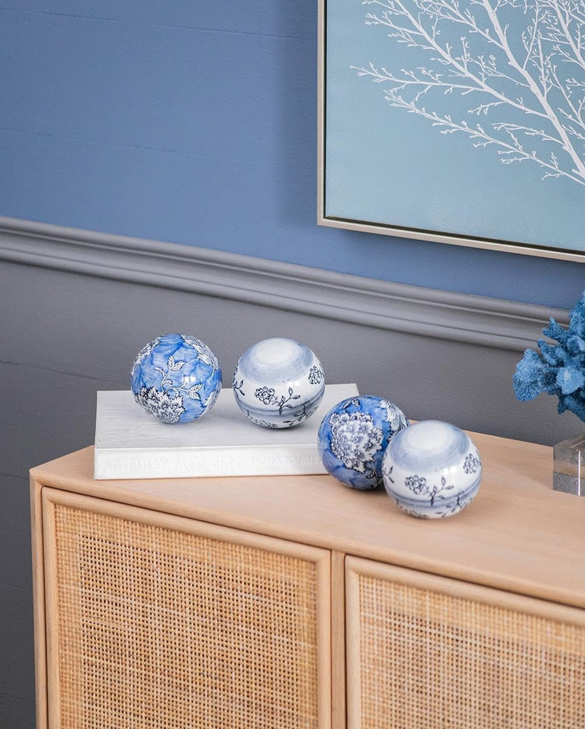 Set of 4 Porcelain Decorative Spheres - Handcrafted Blue and White Floral Orbs, Same Size, Decor, Tabletop Accent