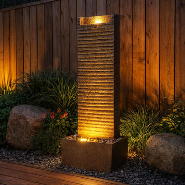 Ridged Texture Outdoor Water Fountain - Warm Glow Lighting with Built-in Electric Pump & Simple Setup, Brown