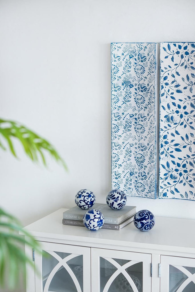Set of 4 Porcelain Decorative Spheres - Handcrafted Blue and White Floral Orbs Decor, Tabletop Accent, Shelf Display