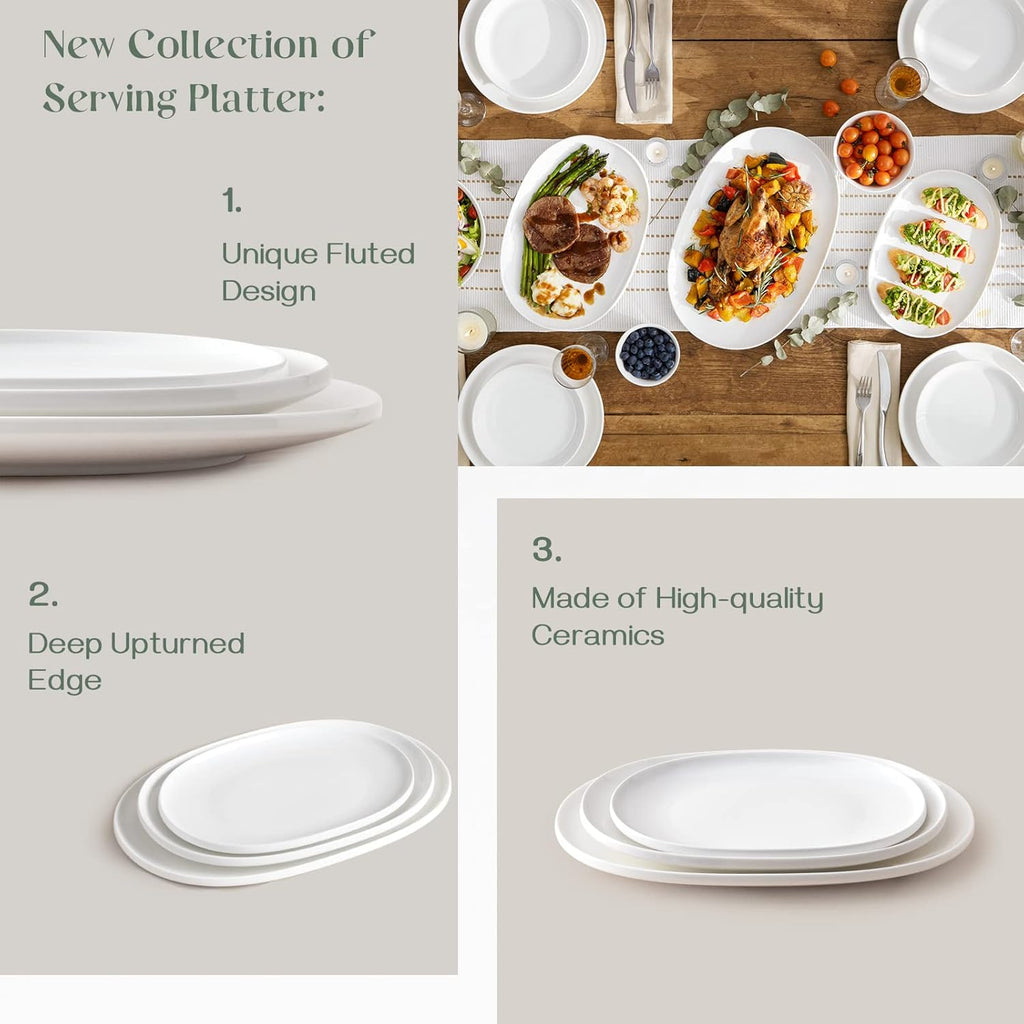 Large Serving Platter, 16"/14"/12" Porcelain Platters for Entertaining Wedding Party, White Oval Plates Set of 3