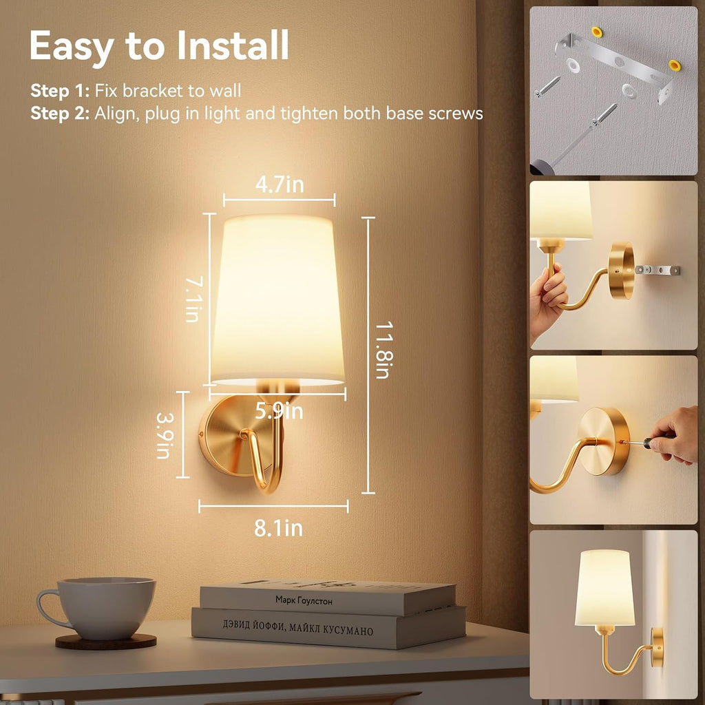 Battery Operated Wall Sconces Set of 2, Wireless Rechargeable Dimmable Wall Light with RGB Bulb and Remote for Bedroom, Living Room, Hallway (Gold)