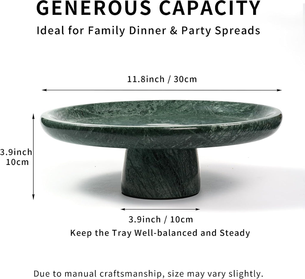 Marble Fruit Bowl - 11.8" Green Decorative Stone Pedestal Bowls Decor, Footed Fruits Holder For Dining Table Counter