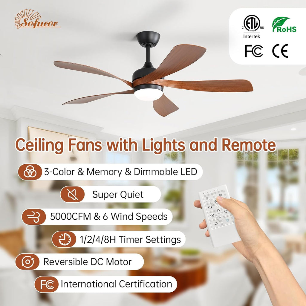 52 Inch Smart Ceiling Fan with Light, Modern Ceiling Fan with Dimmable Memory LED, Compatible with Alexa/Google/App