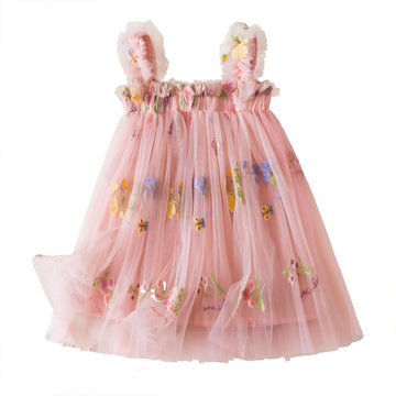 Baby Girl Tulle Dress Casual Strap Sleeveless Flower Embroidery Toddler Dresses 2107 Pink