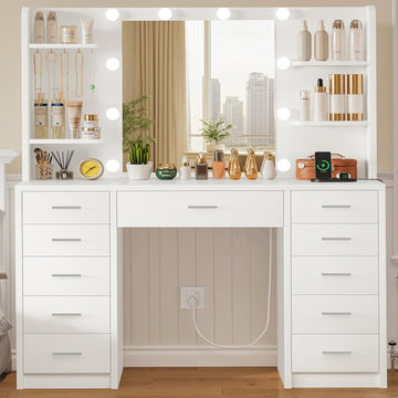 Large Vanity Desk with Mirror and Lights, Makeup Vanity with 11 Drawers & 6 Open Shelves, 3 Color Modes & Adjustable