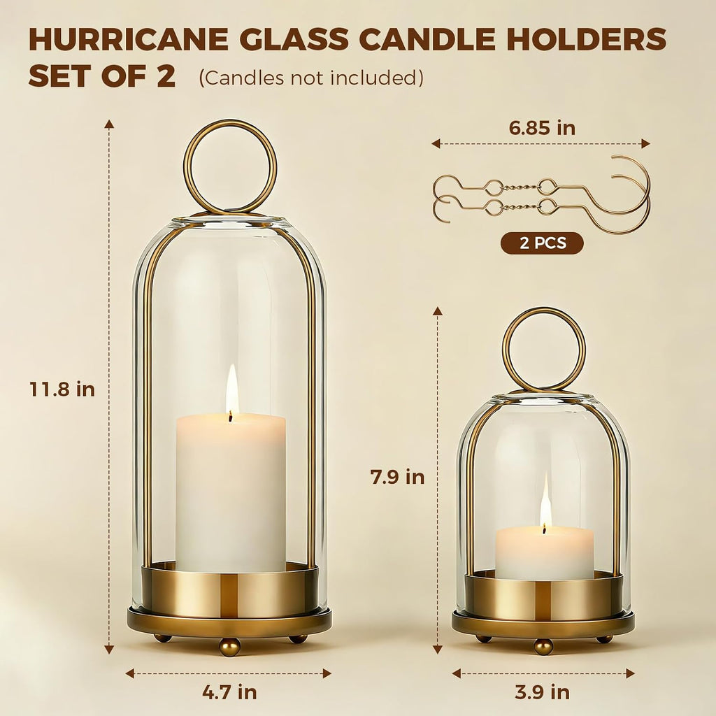 5"&4" Hurricane Glass Candle Holders, Hanging Brass Metal Candle Holder | Glass Candlestick Holders for Pillar