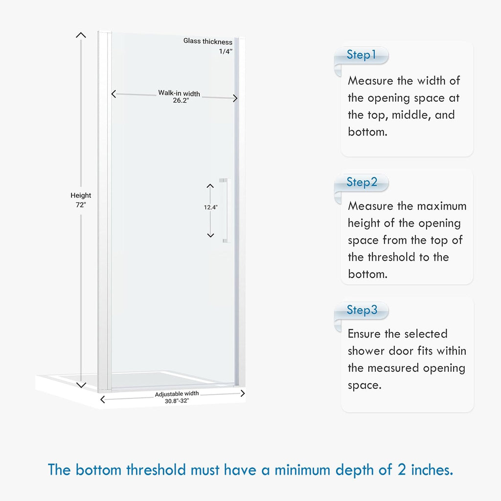 Frameless Pivot Shower Door 30.8-32" W X 72" H, 1/4" (6mm) Clear SGCC Tempered Glass, Hinged Pivot Swing Shower Door