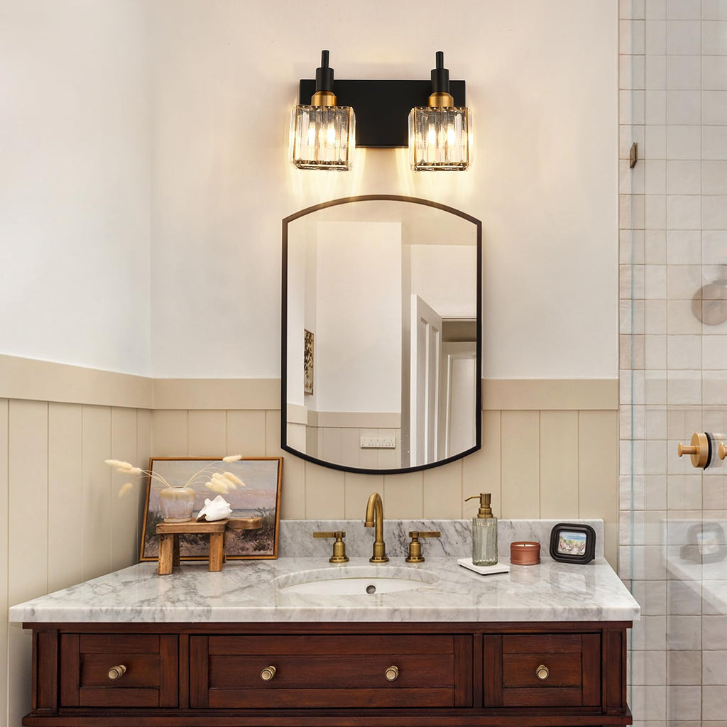 Modern Crystal Bathroom Vanity Light 2-Lights Black and Gold Bathroom Light Fixtures Over Mirror Bath Wall Sconce