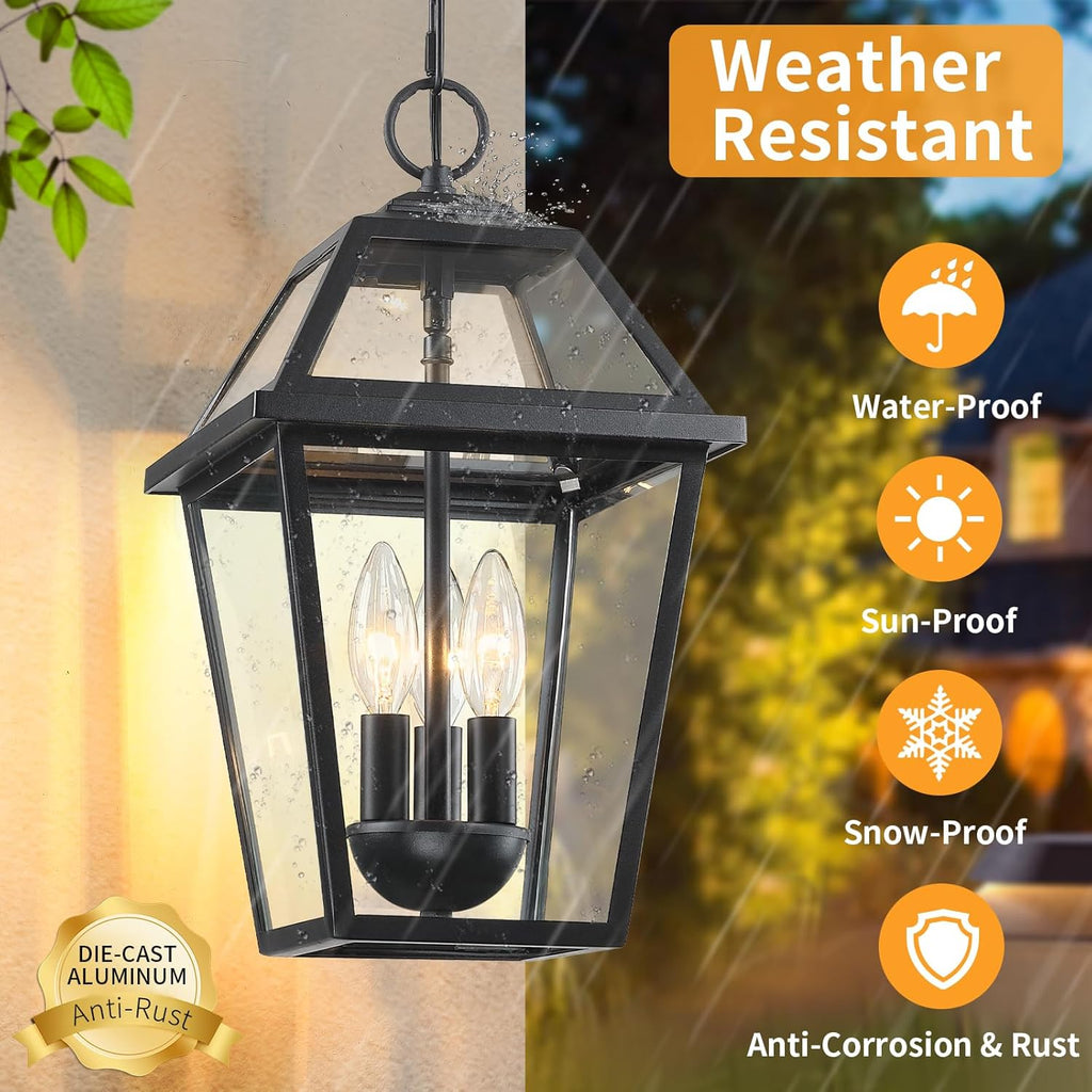 Modern 3-Light Large Outdoor Pendant Light for Porch, 16" Matte Black Exterior Hanging Light Fixture
