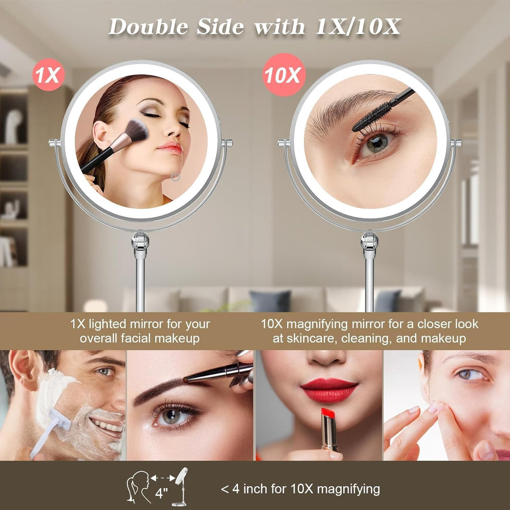 Tabletop Makeup Mirror with Built-in Vanity Tray, 9" Rechargeable 4000mAh Lighted Vanity Mirror 1X/10X Magnification