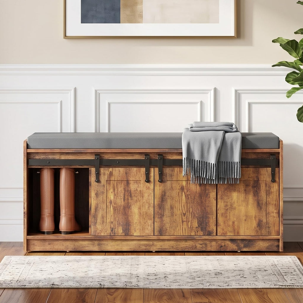 42" Farmhouse Shoe Storage Bench with Seating Cushion