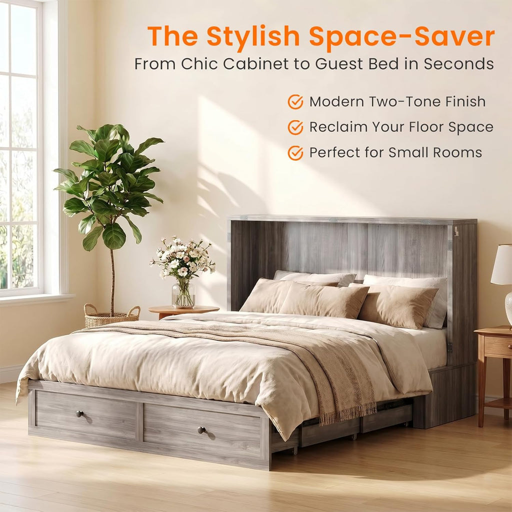 Full Murphy Bed with Tri-Folding Mattress，Murphy Bed Full with Charging Station and Storage Drawers for Small