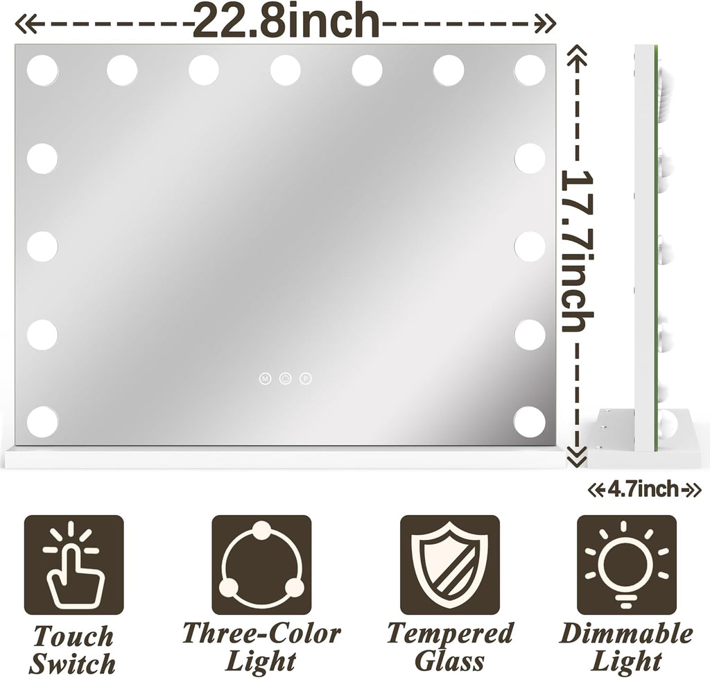 Hollywood Vanity Mirror with Lights 23x18,Large Lighted Mirror Makeup Mirror with 15 Dimmable LED Bulbs, 3-Color