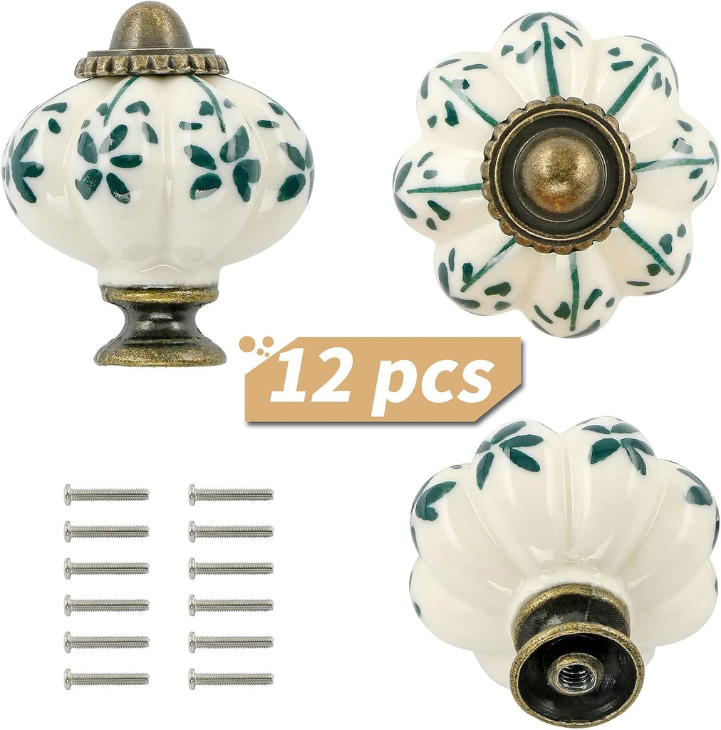 Ivory & Green Pumpkin Knobs 12 Pack Ceramic Cabinet Knobs Vintage Drawer Pulls - Antique Dresser Pulls with Screws