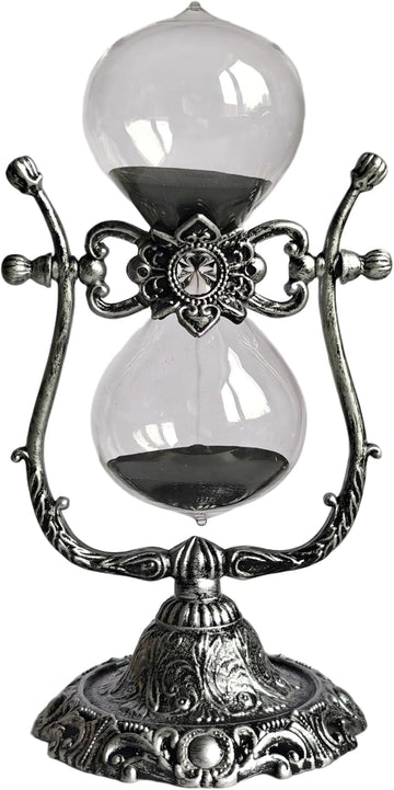 Vintage 30-Minute Hourglass with Zinc Alloy Base - Black Sand Timer Desk Decor, Decorative Antique Style Glass &