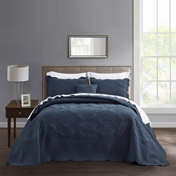 Oversized King Bedspread 128x120 Extra Wide, Stitched Damask Quilt Set King/Cal King, Lightweight Reversible