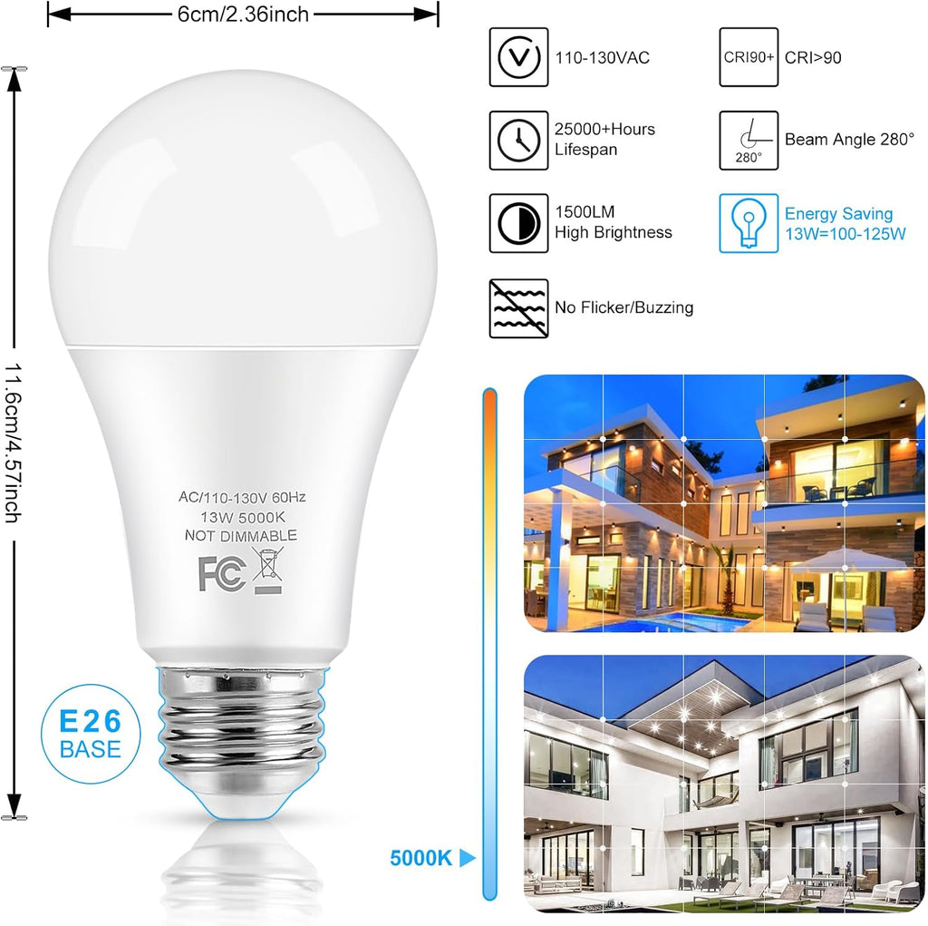 LED Light Bulbs, 100 Watt Equivalent A19, 13W 5000K Daylight White 1500 Lumens Non-Dimmable Bright E26 Edison Medium (4-Pack)