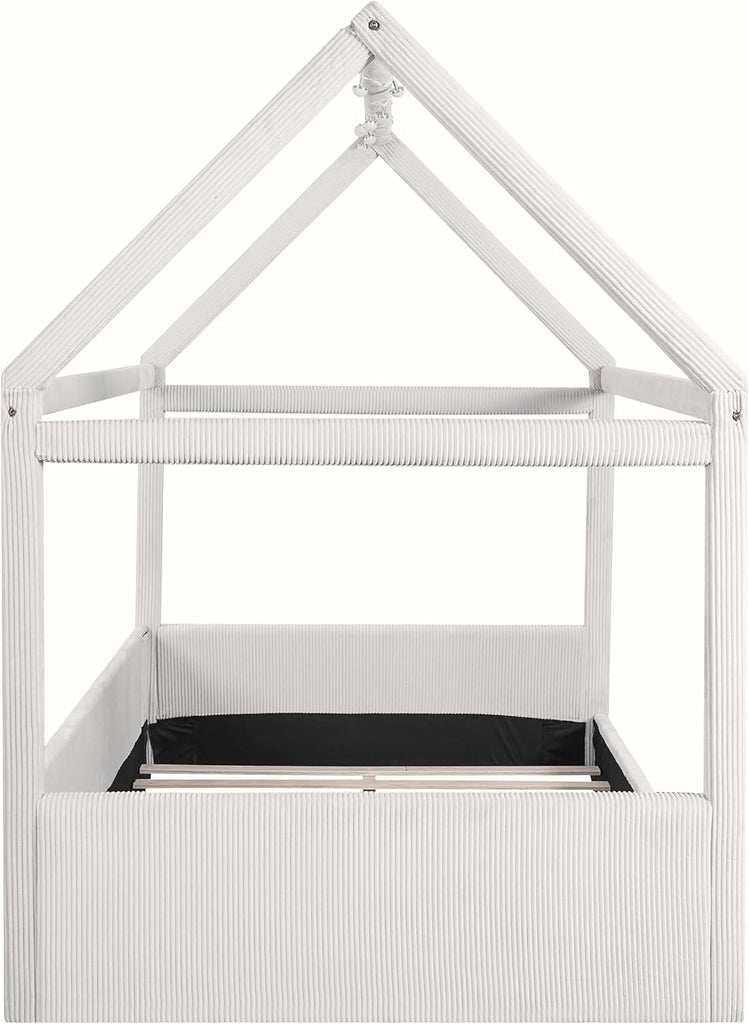 & Bright Designs Full Size Upholstered House Bed for Kids, Montessori Floor Bed with LED Light Strips, House Floor