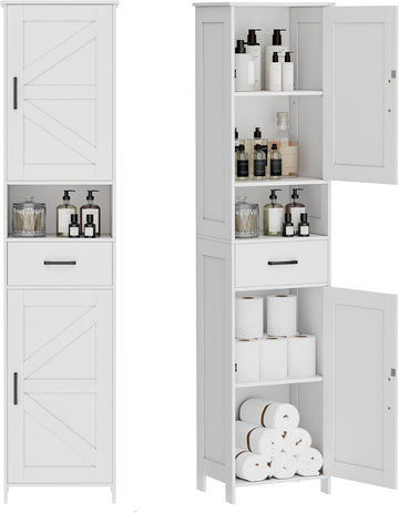 67" H Tall Bathroom Storage Cabinet with Barn Doors and Drawer | Narrow Storage Unit with Adjustable Shelves, Floor
