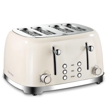 4 Slice Toaster Retro Stainless Steel with Bagel Defrost Cancel Function, 6 Browning Settings, Extre Wide Slot and