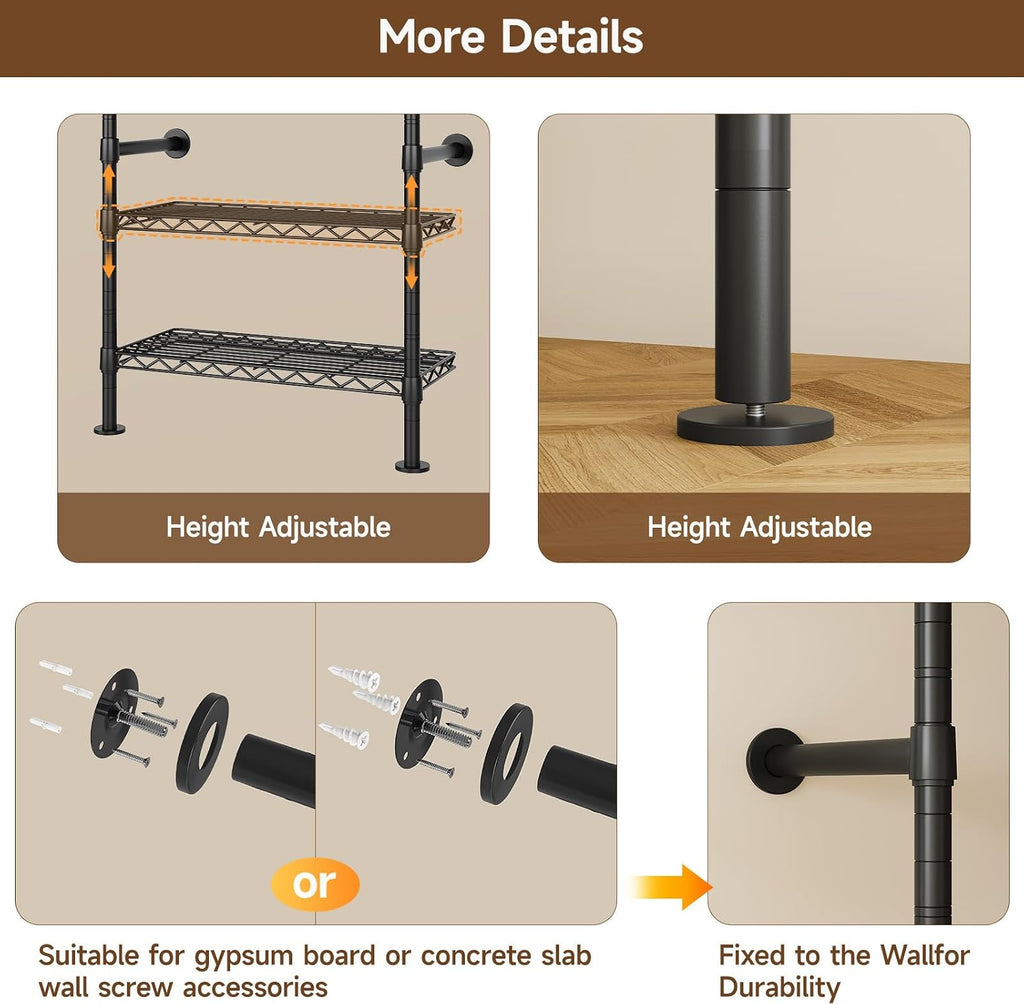 H6 Wall Mounted Closet System, Industrial Pipe Clothes Rack Clothing Racks with 6 Telescopic Rods & 3 Fixing Rods & 9