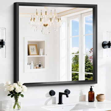 Bathroom Mirror, 30 x 30 inch Brushed Black Square Mirrors for Wall, 0.6" Thickened Deep Frame Rectangle Mirrors for