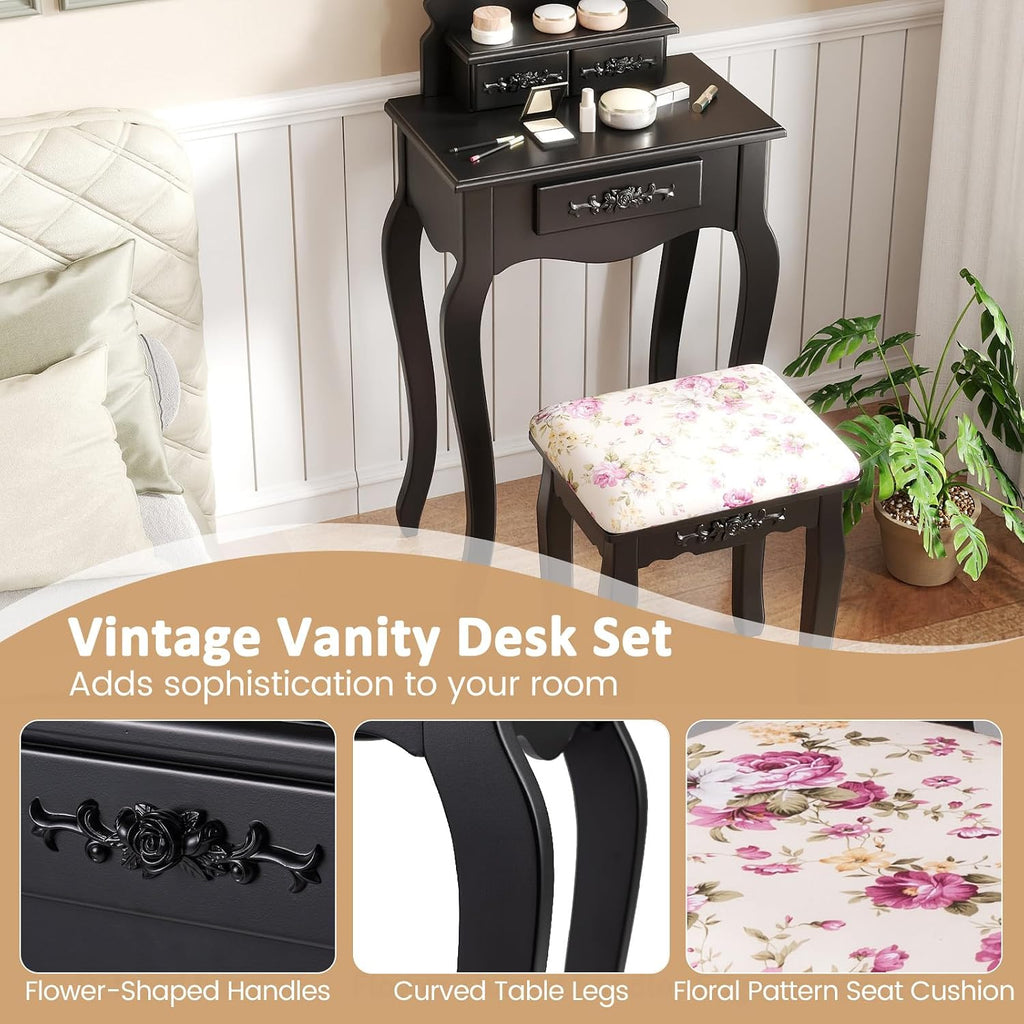 Small Vanity Desk Set, Black Makeup Vanity Table with Mirror, Cushioned Stool, 3 Storage Drawers, 20 inch Girls