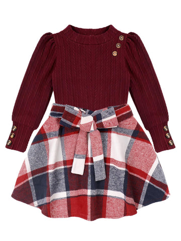 Girls Skirt Sets Fall Outfits Puff Sleeve Crewneck Ribbed Knit Tops and Plaid Skirt Set Kids Fall Winter Clothes