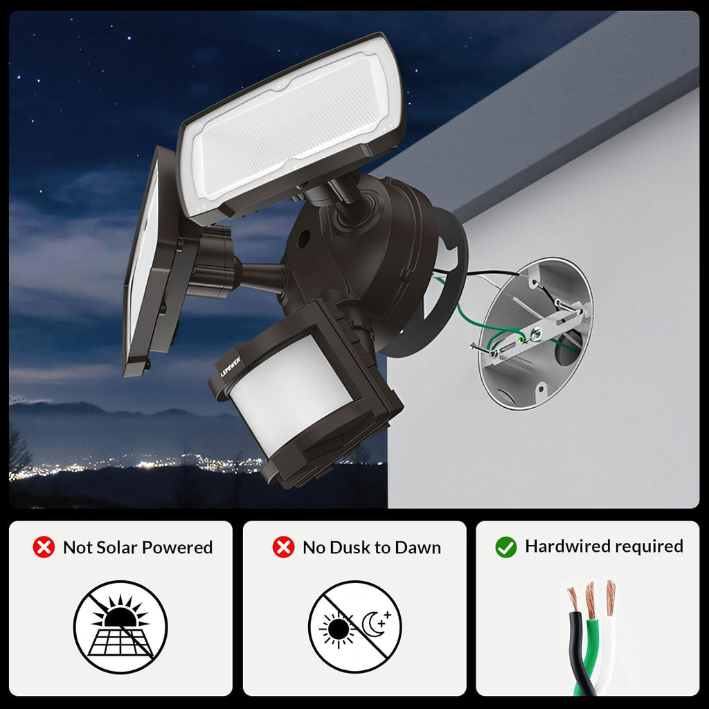 Hardwired LED Security Lights Motion Sensor Outdoor, 30W 3200LM | 5500K Daylight, 72 FT Range & 180° Detection, Easy