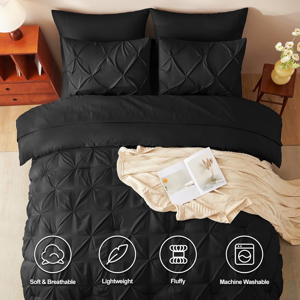 Comforter Set 7 Pieces Bed in A Bag Black Luxury Soft Bed Set Pintuck Pinch Pleat Bedding Sets