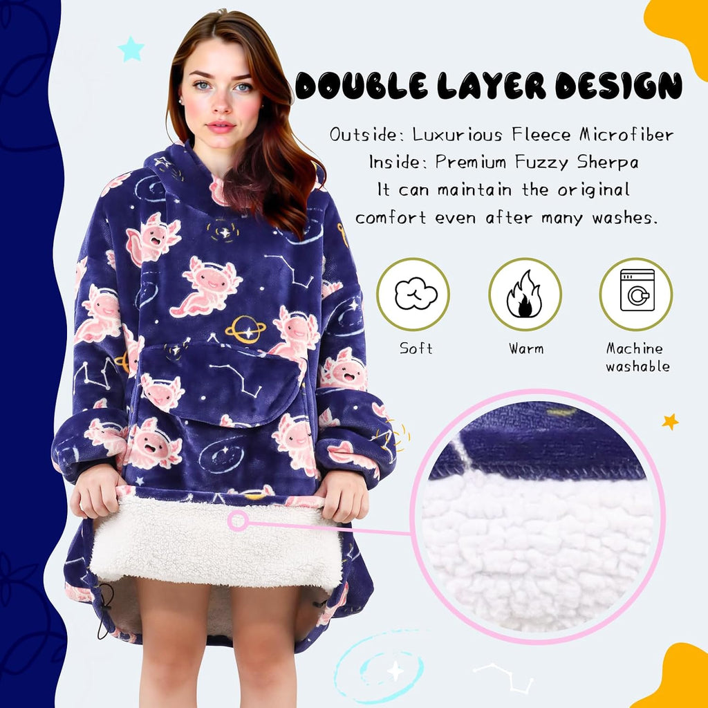 Adult Wearable Blanket Hoodie - Axolotl Wearable Blanket Sweatshirt for Women or Men, Warm & Cozy Plush Fleece