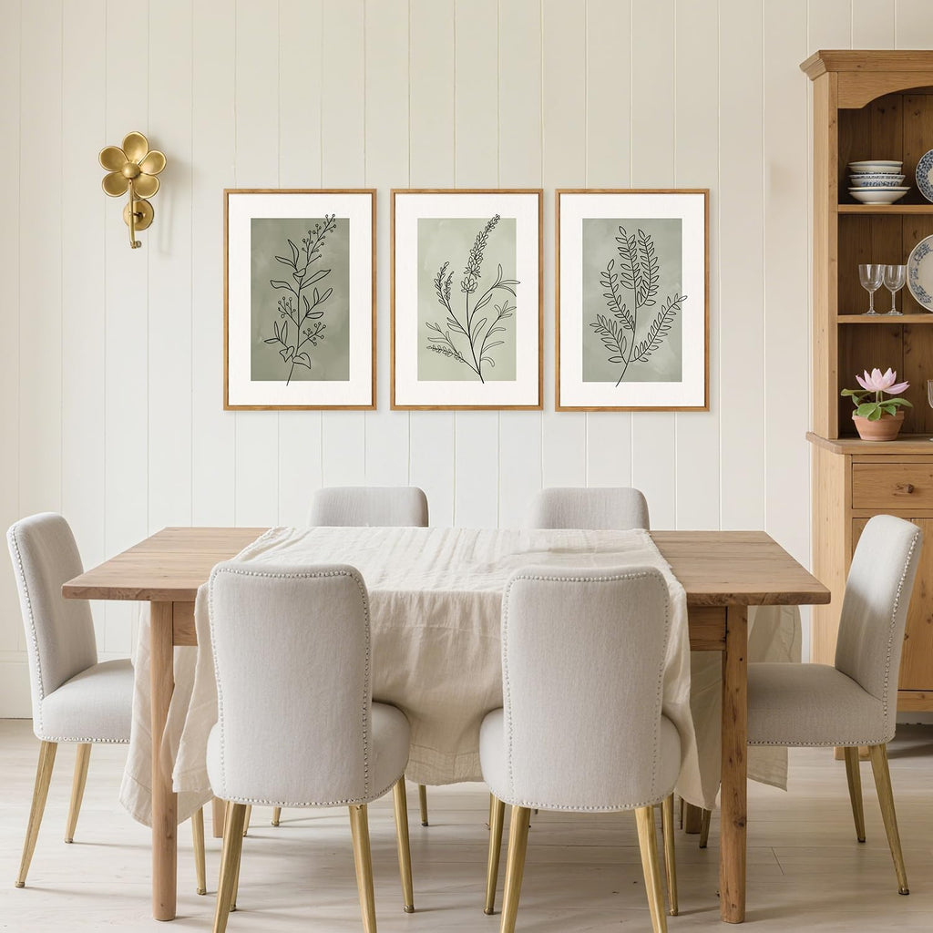 Botanical Sage Leaf Framed Canvas Wall Art Set Of 3, Minimalist Wall Decor, Boho Nature Floral Greenery Wall