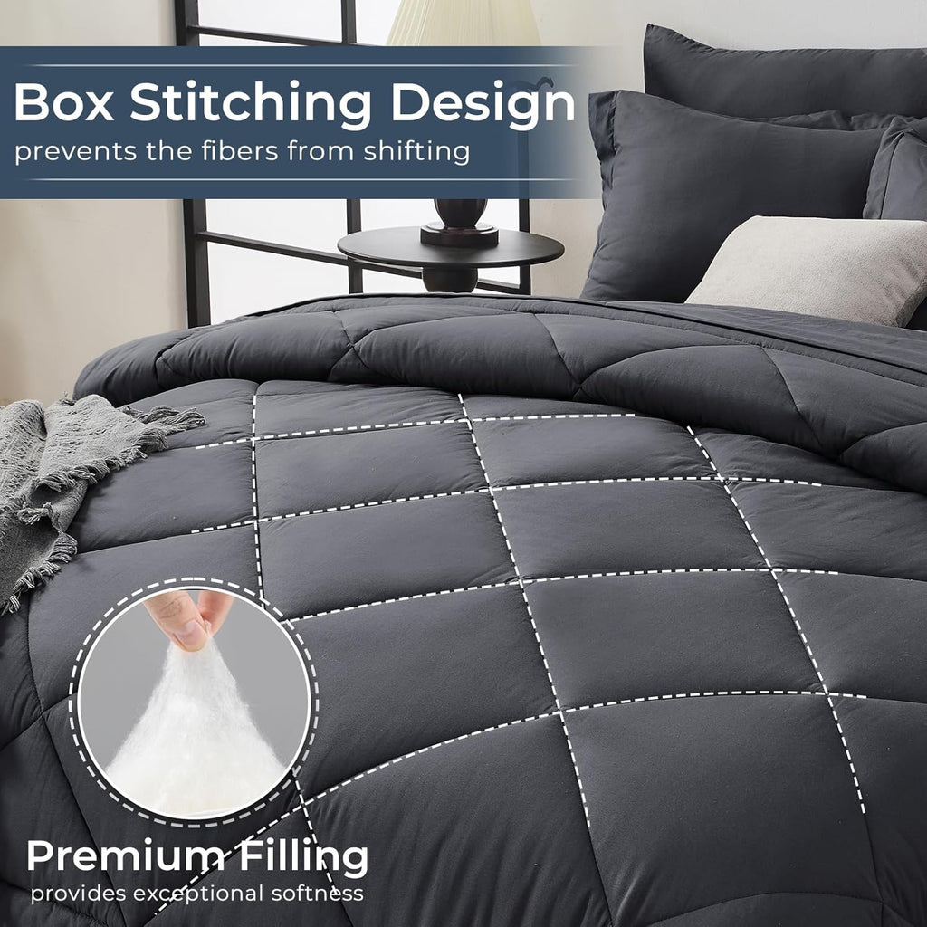 7 Pieces Comforter Set, All Season Reversible Bed in a Bag, Ultra Soft Bedding Set with Grey Comforter