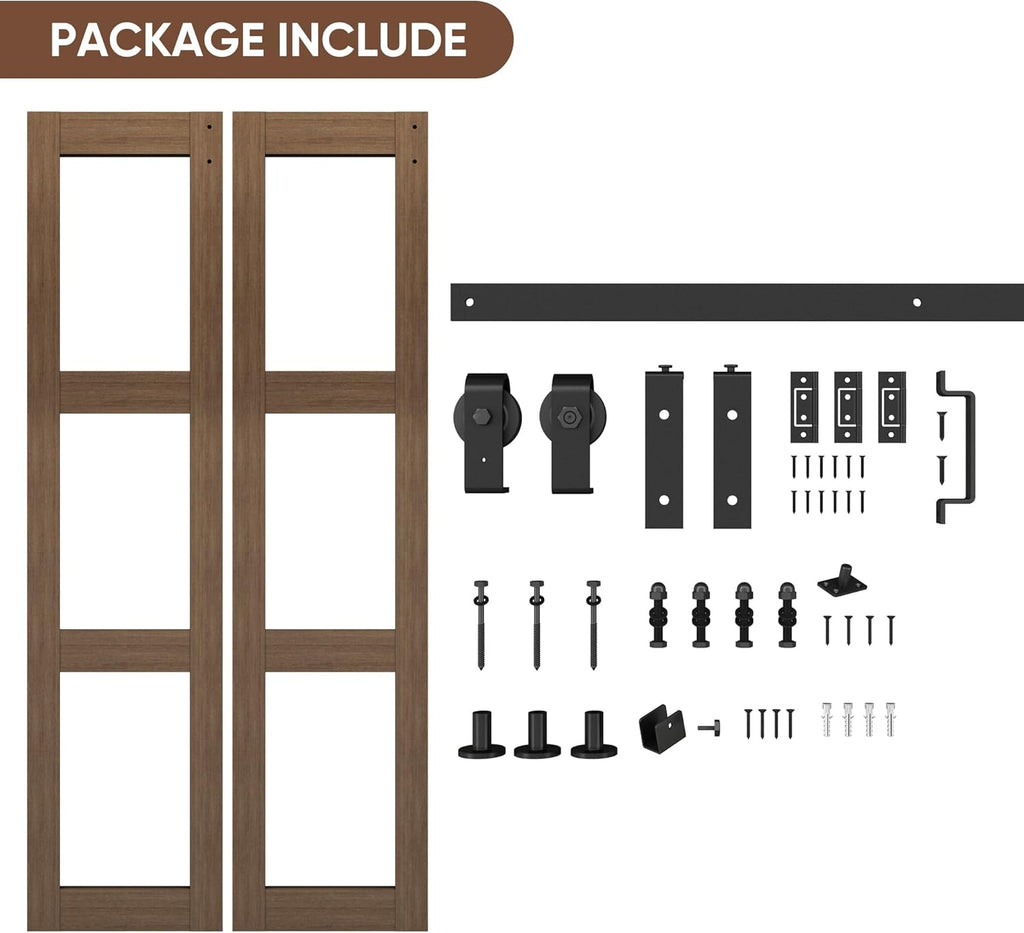 Bifold Glass Barn Door, 32Inch Bi Fold Sliding Barn Door Kit with Hardware Include, 3-Panel Glass Ba