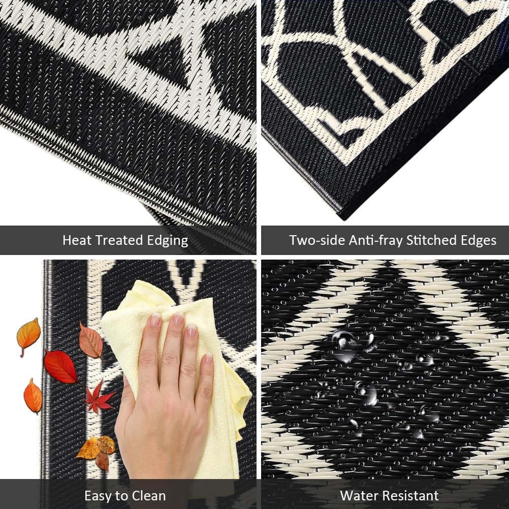 Outdoor Rug Waterproof 8x10 ft Outdoor Carpet Patio Rug Black Beige