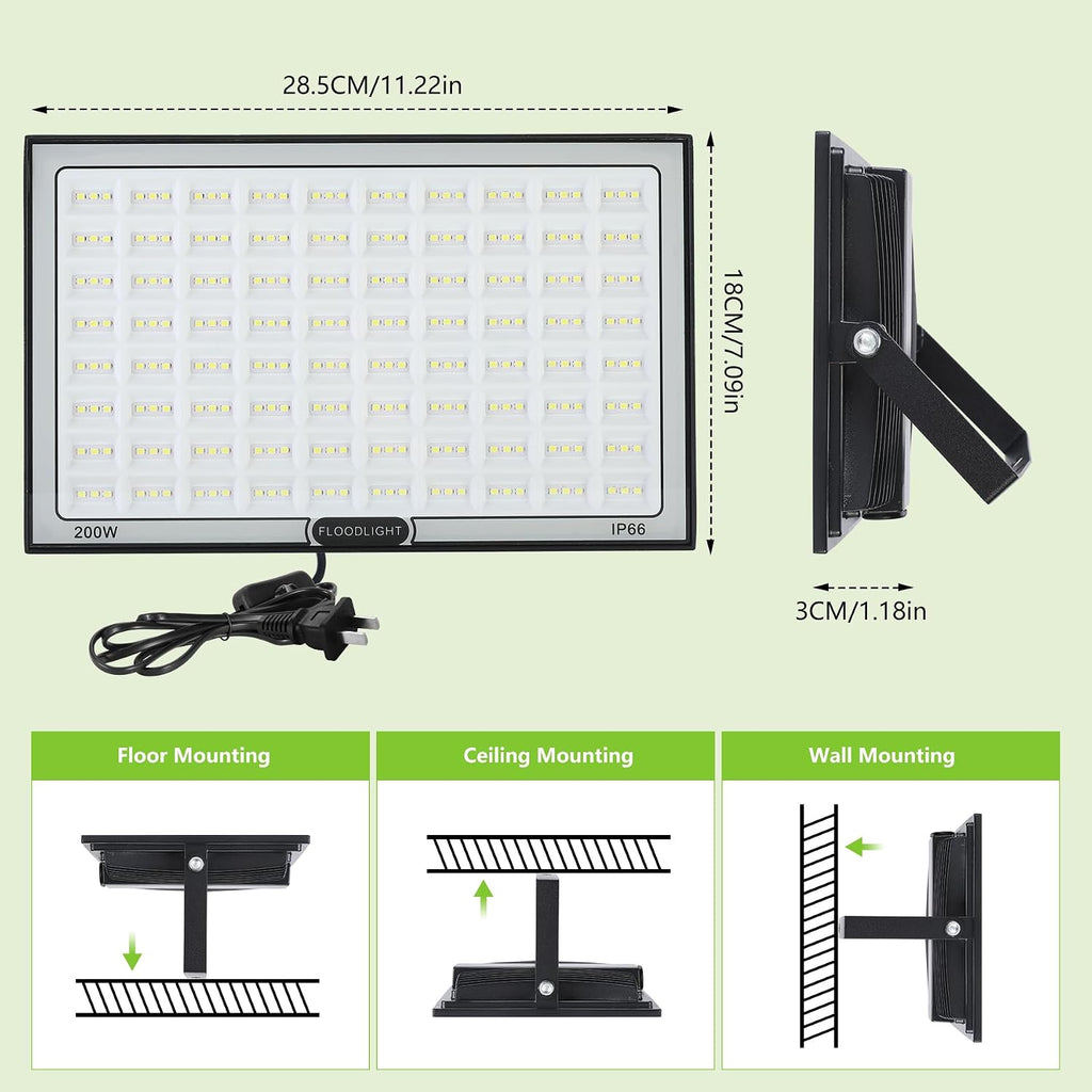 200W Led Flood Light Outdoor, 2 Pack 20000LM Bright Floodlight Outside Work Light with Plug, 6500-7000K Daylight